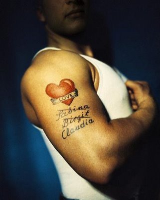 Picture A Men With Heart Tattoo And Letter Tattoo Design On The Arm
